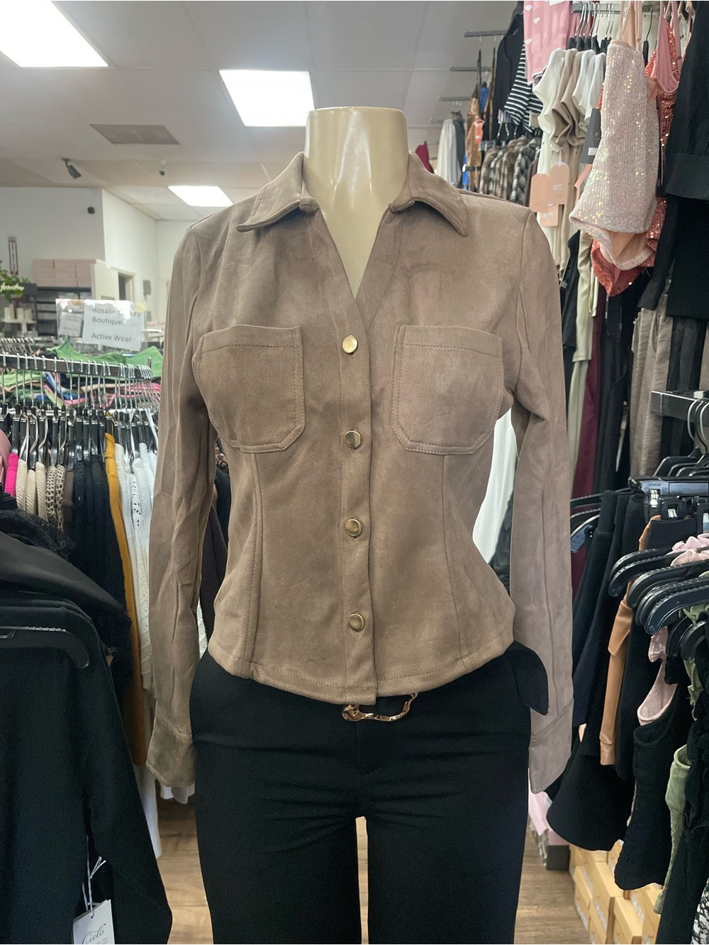 Taupe Suede Button-Front Women's Leather blouse